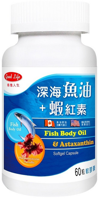 得意人生 深海魚油 蝦紅素 60粒 含天然蝦紅素 維生素E 生理機能 Omega3 DHA, 1個, 【深海魚油+蝦紅素】60粒