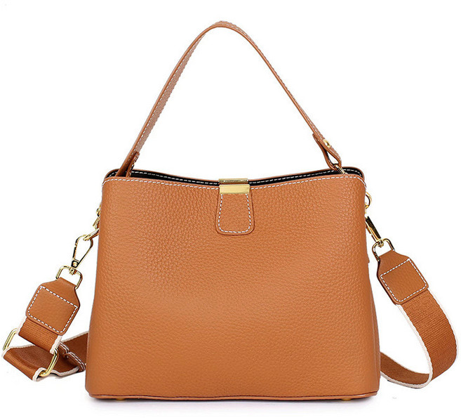 真皮女包 復古單肩包 經典小方包 頭層牛皮水桶包 多種背法 百搭斜挎包, 焦糖色