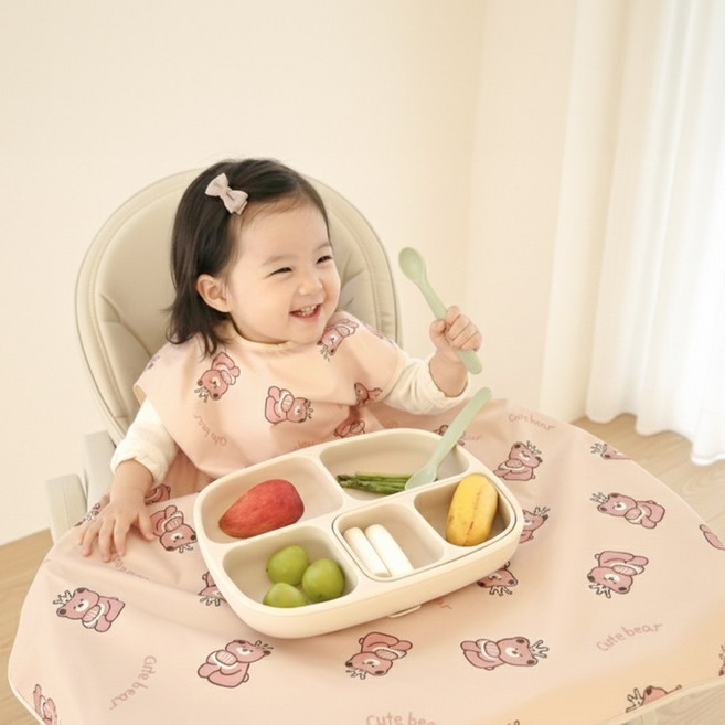 아이레빗 국내생산 유아용 아기 민소매 식탁일체형 자기주도 방수 턱받이 풀커버 나시, 풀커버 나시_곰돌이 핑크, 1개, 1개입