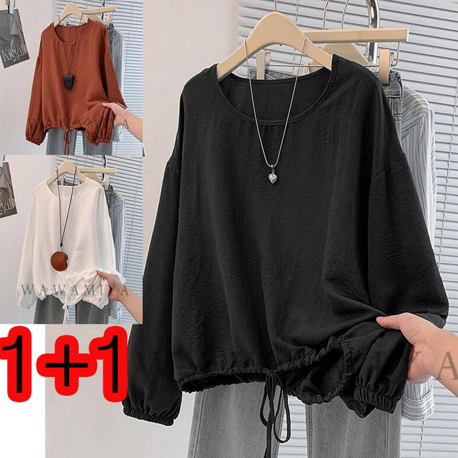 1+1 빅사이즈 여성 얇은 맨투맨 티 봄 가을 라운드 긴팔 블라우스 캐주얼 상의 데일리룩 티셔츠 WAWAMIYA