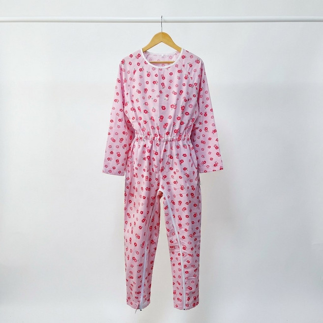 실버플라워 분홍꽃잎 사계절 100% 순면 노인 치매복 기능성 환자 우주요양복, 1개, 발목잠금지퍼, 100(중)