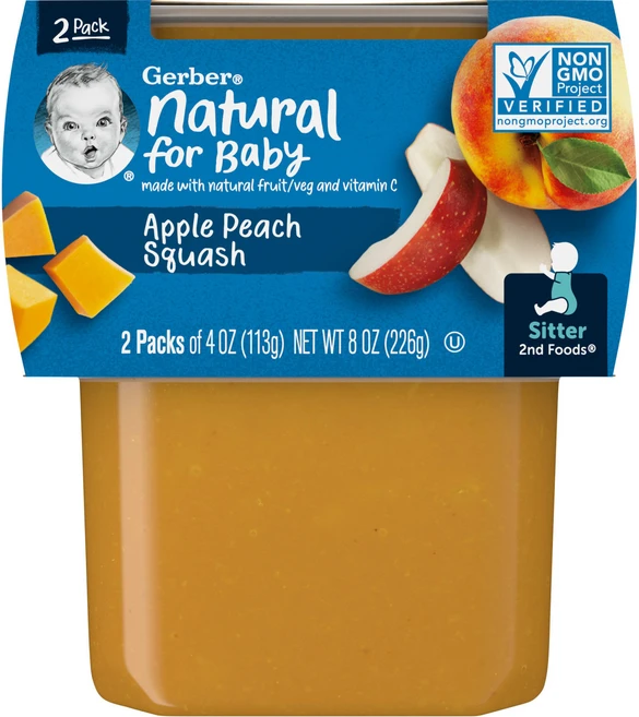 Gerber 내추럴 포 베이비 2nd Foods 사과 복숭아 스쿼시 2팩 각 113g(4oz) - 쿠팡