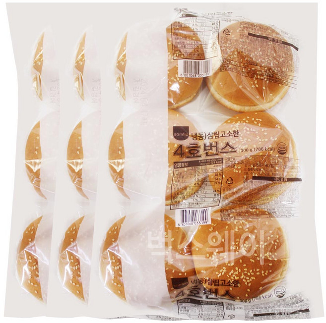 삼립 냉동 햄버거빵 4호번스 3봉 (총 18개입), 3개, 300g