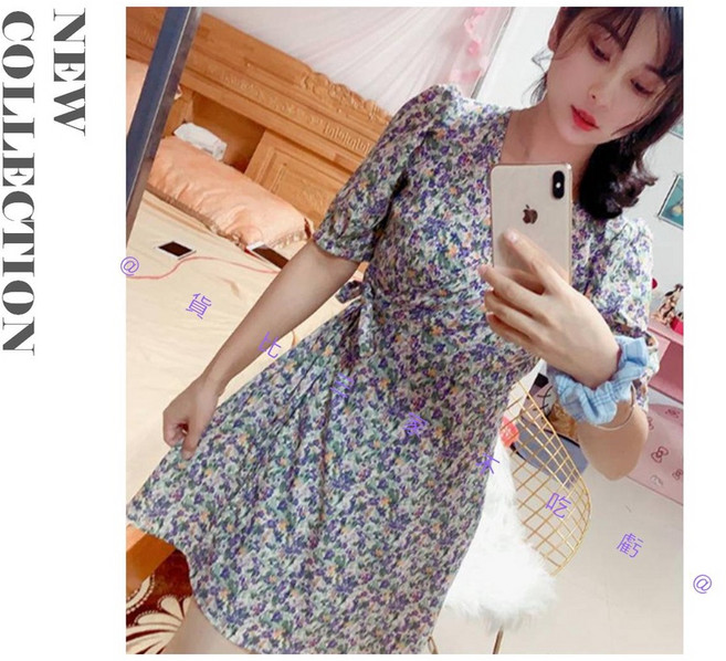 法式碎花深V領雪紡洋裝, 淡紫色