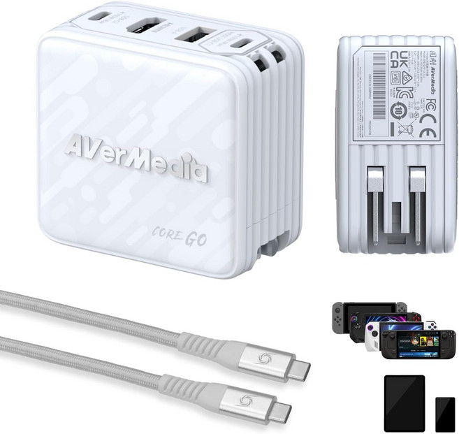 AverMedia Elite Go - 스트리밍용 USB-C 캡처 카드 4K60 HDMI 출력 1080p60 녹화 휴대용 스위치 2 TV 독 100W GaN 충전 허브 PC Mac, White