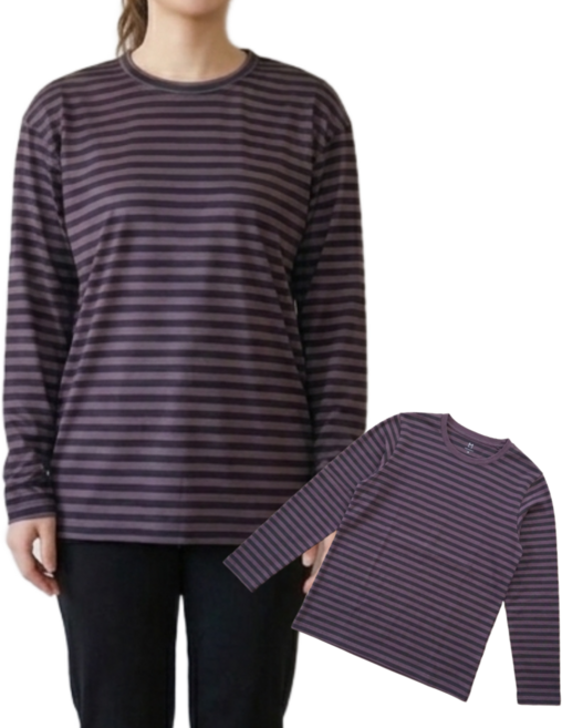 HIN 여성 데일리 스트라이프 줄무늬 티셔츠 롱 슬리브