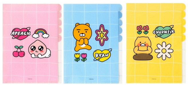 카카오프렌즈 A4 PP 분류 인덱스 5포켓 파일, 3개, 춘식이+라이언+어피치