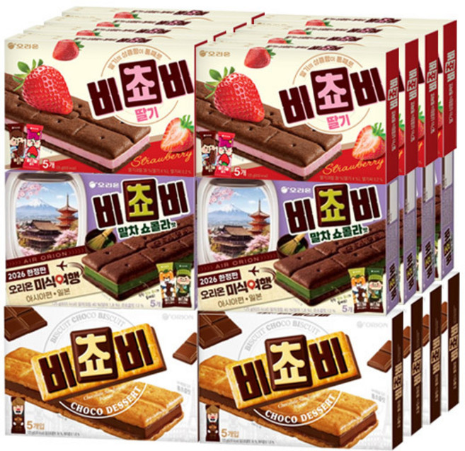 오리온 비쵸비 125g+딸기 125g+말차쇼콜라 125g, 1세트, 각8개(총24개)