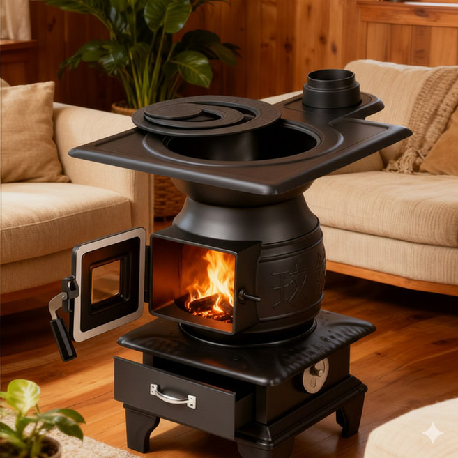 호가 두번타는 주물 장작 난로/이중연소 캠핑 화목 화로 불멍 난로 스토브 펠릿 야외 쿠킹, 중형, 1