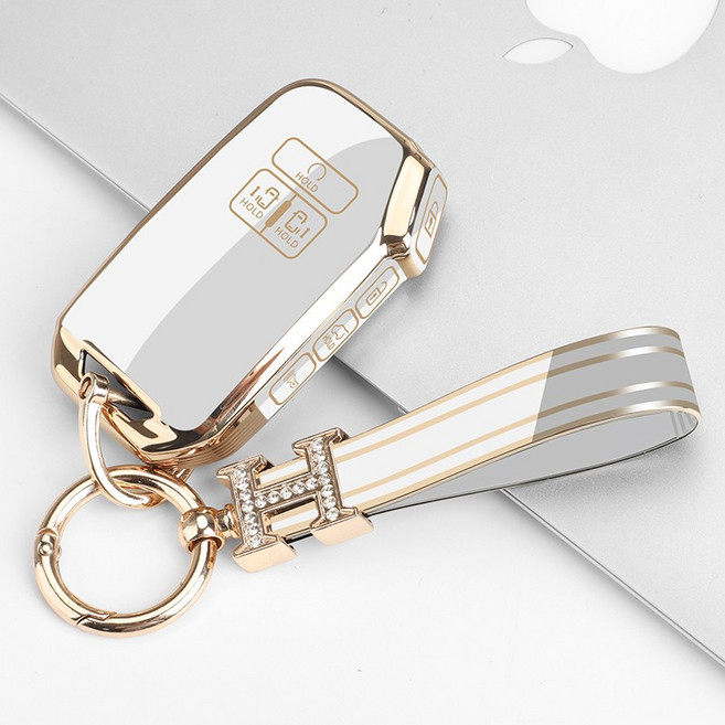 키에티 기아 호환 카니발 4세대 KA4 7버튼 키케이스 H큐빅 키체인, 골드-화이트