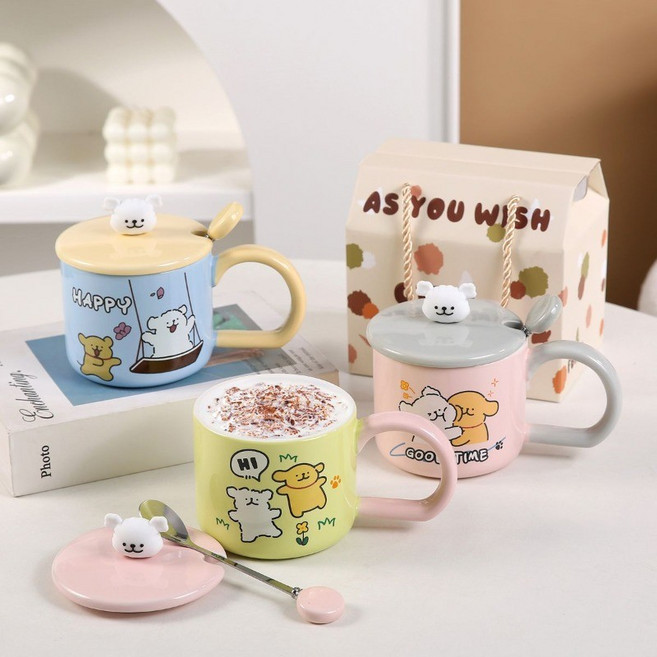 可愛線條小狗馬克杯 附勺蓋 家用陶瓷杯 生日禮物 交換禮物, 1個, HI淡青色小狗,杯+勺