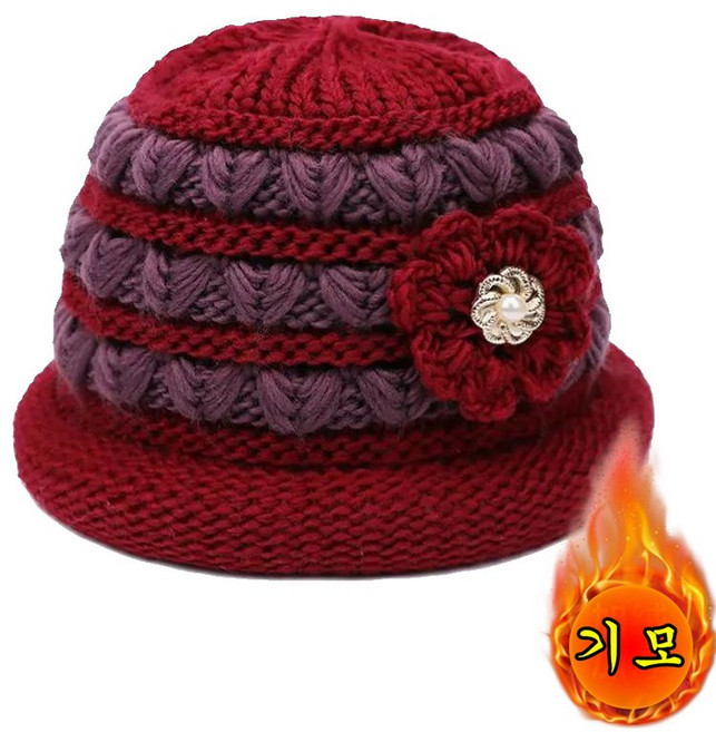중년여성 꽃장식 니트 모자 두꺼운 기모 보온 겨울 방한 데일리 외출용