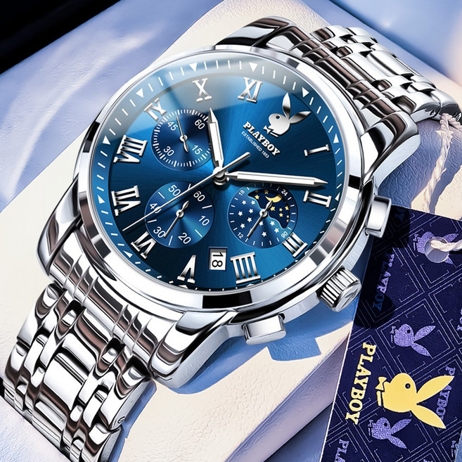 PLAYBOY 플레이보이 남성 크로노그래프 손목시계 명품 디자인 방수 비즈니스 시계 데이트 기능 쿼츠 시계