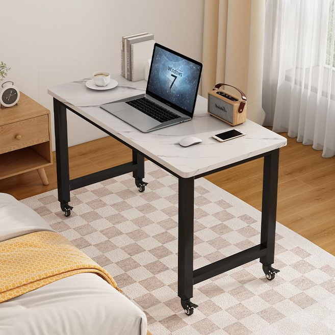 바퀴달린 책상 테이블 노트북 공간활용 침대 협탁 긴 이동식 나무, 60x40x74cm, 화이트마블 패턴+블랙 프레임