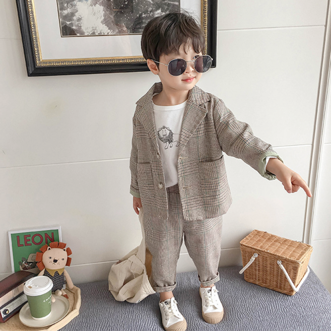 해피델리 체크 정장수트 가을 상하복 데일리 등원룩 나들이룩 편한한 베이지 고무줄바지 꾸안꾸 조끼 넥타