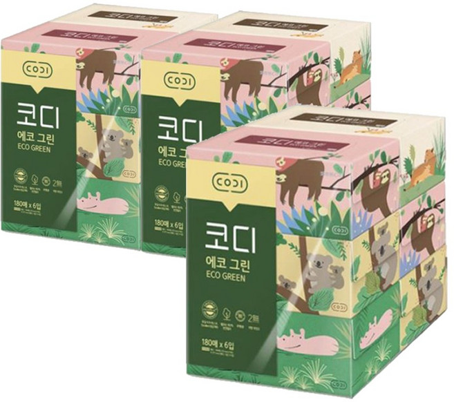 코디 에코그린 각티슈 180매 6입x3팩, 18개