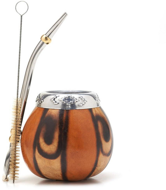BALIBETOV Yerba Mate Gourd 세트 오리지널 핸드메이드 예르바 메이트 컵 아르헨티나 마테 티컵 봄빌라 빨대 클린 브러시 포함 클래식 컵과 다크 브라운 2480, 내추럴 02