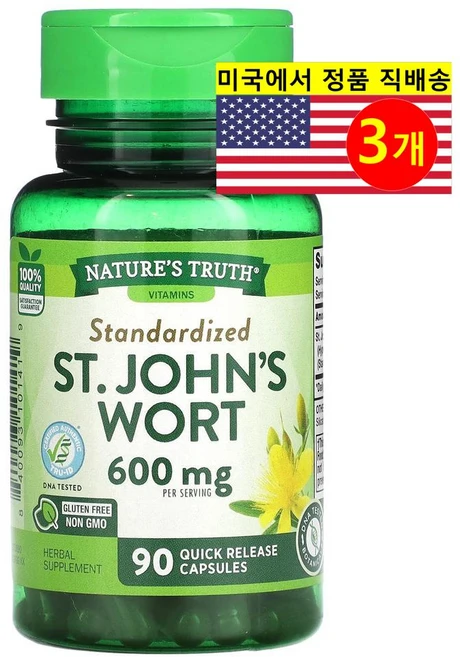 Nature's Truth 표준화된 세인트존스워트 추출 600mg (정당 300mg) Standardized St. Johns Wort Extract, 3개, 90정 - 쿠팡