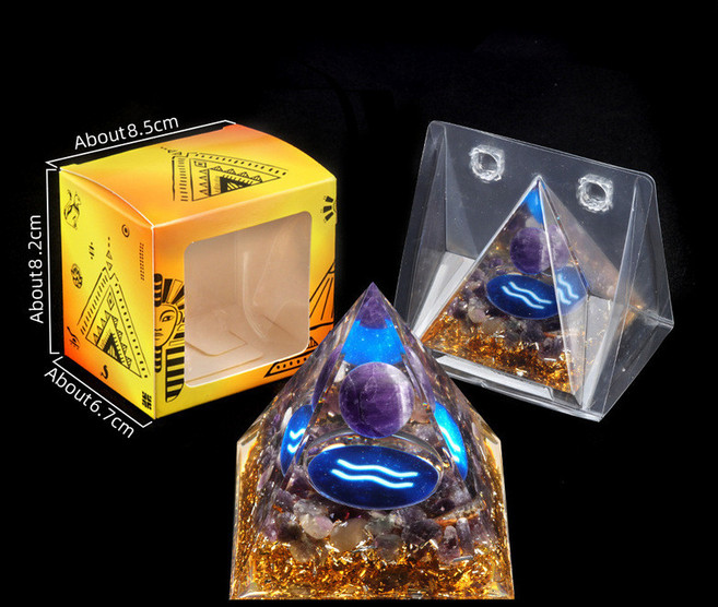 樹脂膠包裹水晶碎石金字塔擺件 家居小擺件 盒裝, 紫晶+紫晶碎石