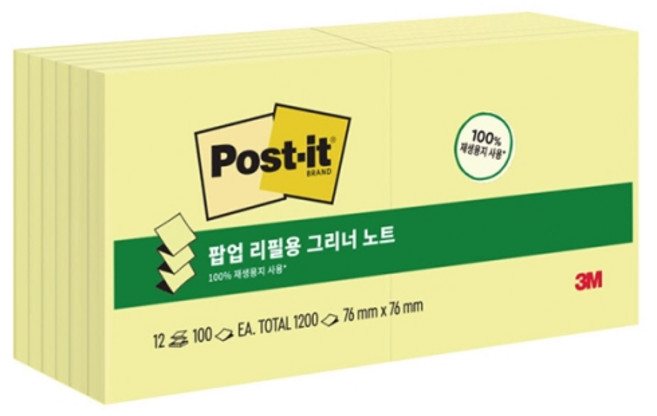 3M)포스트잇 그리너 팝업리필 (KR330-12/노랑) 1개입, 본상품선택, 단품