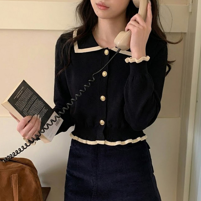 타니즈 스플렛 배색 카라넥 니트 여성 가디건