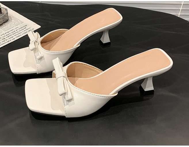 해피유통 여성 스퀘어 솔리드 리본 스틸레토 심플 힐 슬리퍼 jhJZ