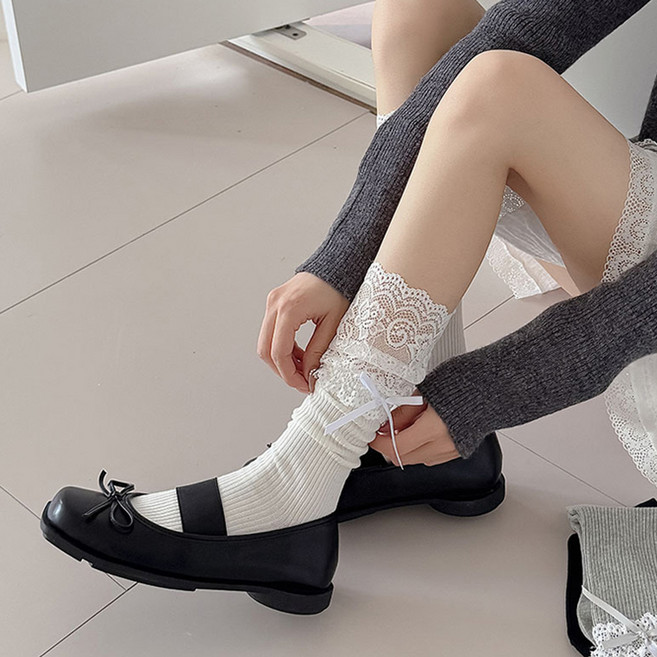 제나온 여성 발레 레이스 리본 중목 양말