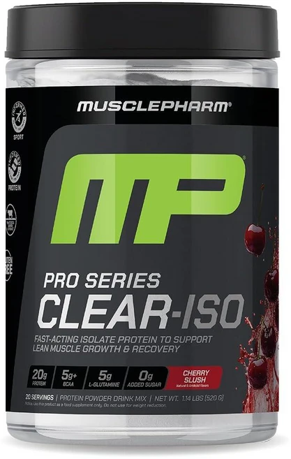 MusclePharm Pro Series Clear-ISO 투명 단백질 파우더 1회 제공량당 20g 빠른 작용 유청 분리 및 BCAA 및 L 글루타민, 체리 슬러시, 1개, 520g - 쿠팡