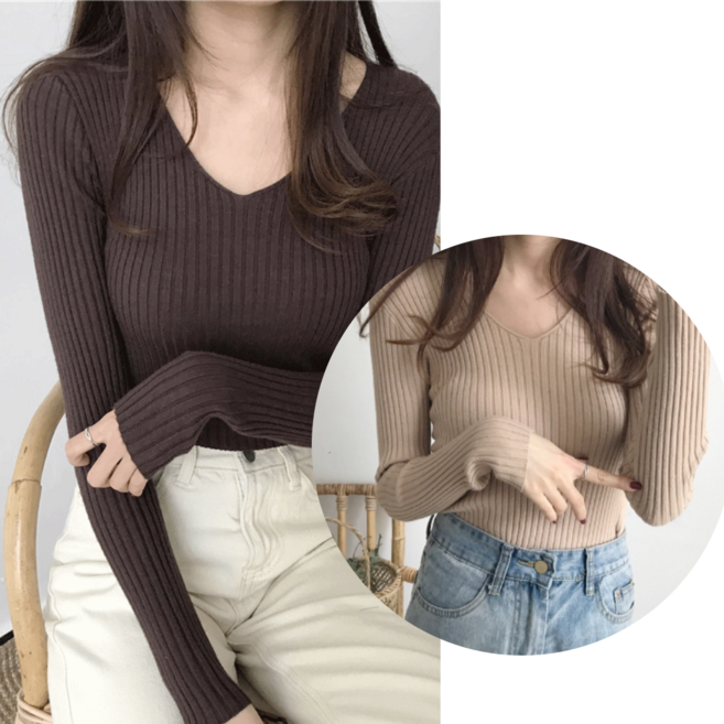 에쉬울프 브이넥 골지 긴팔 니트 2종 세트 FREE(44-66반까지)