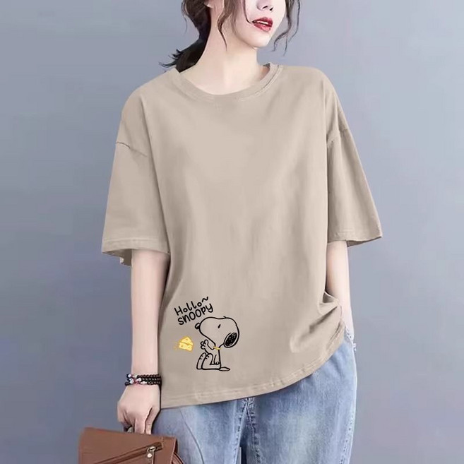 Makone 여성 라운드넥 데일리 순면 루즈핏 반팔 티셔츠 큐티 강아직 프린트