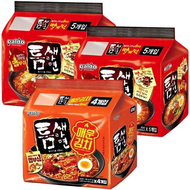 팔도 틈새라면(10입)+틈새매운김치(4입)/멀티팩(총3봉) 혼합무배, 14개