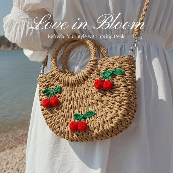 스토리아 데일리 여성 여름감성 체리 포인트 라탄 밀짚 토트/ 크로스 백 동남아 휴양지(2color)