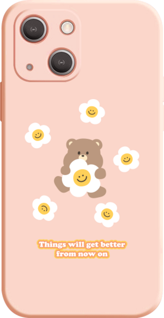 핫티몰 브라운 베어 플라워 패턴 핑크 풀커버 젤리 휴대폰 케이스