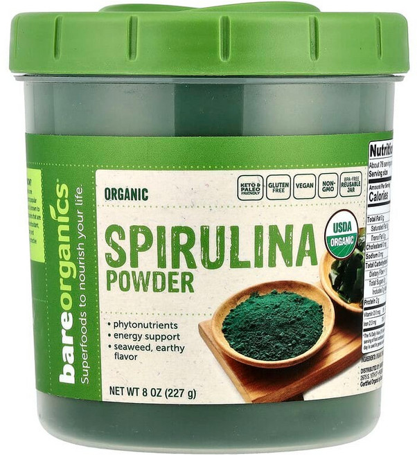 BareOrganics 유기농 스피룰리나 분말 227g(8oz) BOG-02967, 1개, 227g