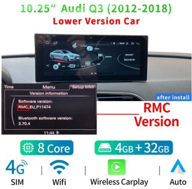 차량용 자동차 핸즈프리 카플레이 카팩 8 코어 안드로이드 13 시스템 멀티미디어 스테레오 아우디 Q3 구글 와이파이 4G SIM 128GB RAM IPS 터치 스크린 GPS 내비게, 1) RMC MTK 4-32GB - Eight Core