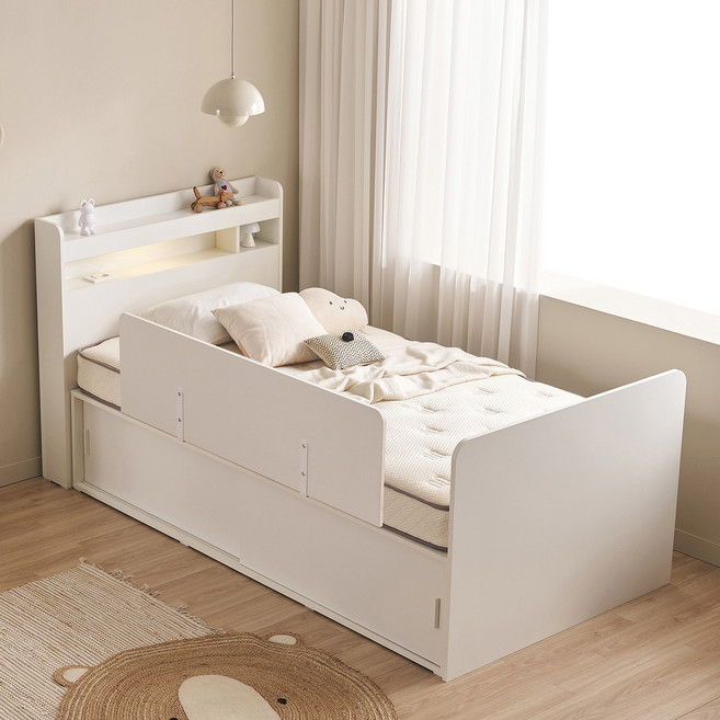 윌코 윌로우 솜솜 가로 1125 세로 2370 LED조명 슬라이딩 수납 침대 사각가드 포함, 화이트