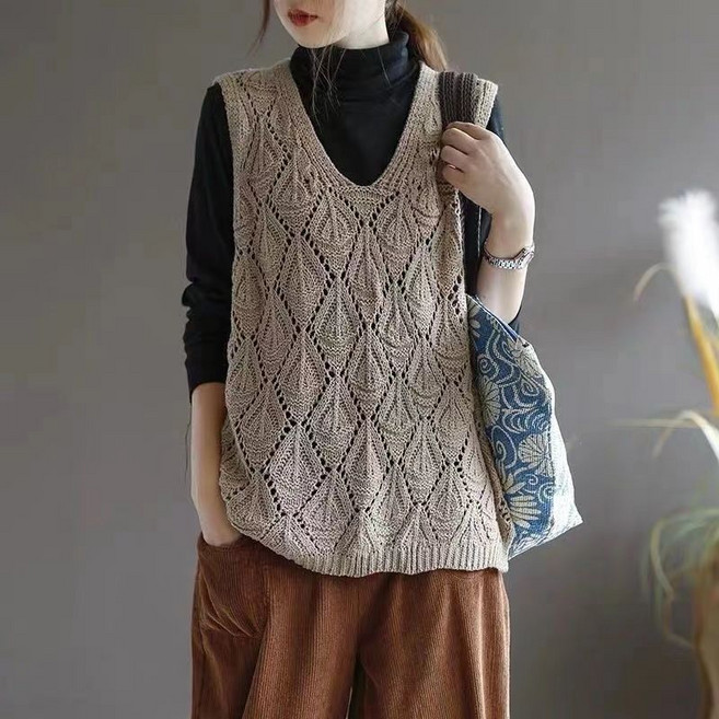 중년 여성 니트 조끼 베스트 봄 가을 패션 트렌드 풀오버 조끼 가디건 빅사이즈 루즈핏 여자 민소매 코트 LJX