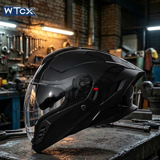 WTCX 摩托車頭盔 四季通用 雙鏡 全罩式, 亮黑