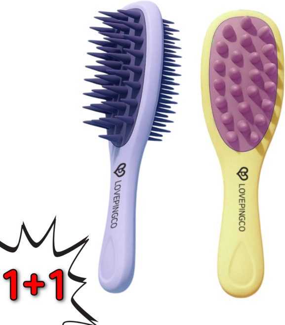(1+1) 러브핑코 양면 두피 마사지 샴푸 브러쉬 세트, 1개, 퍼플+옐로우
