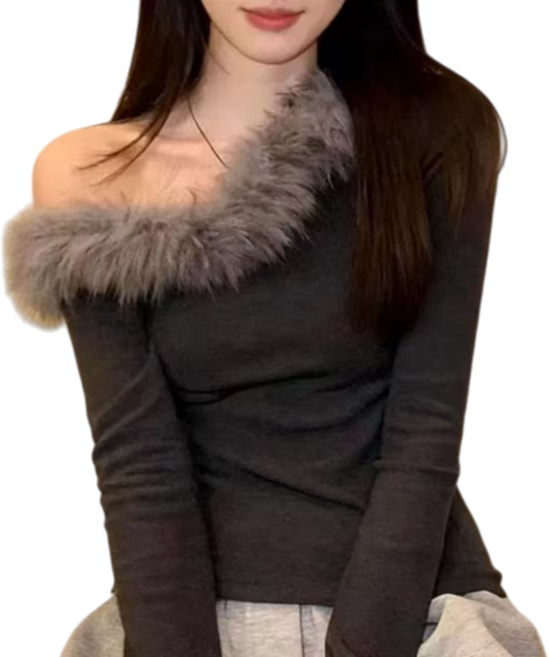 Makone 여성 드롭숄더 핏 퍼 패치워크 단색 트랜드 프렌치 데일리 티셔츠