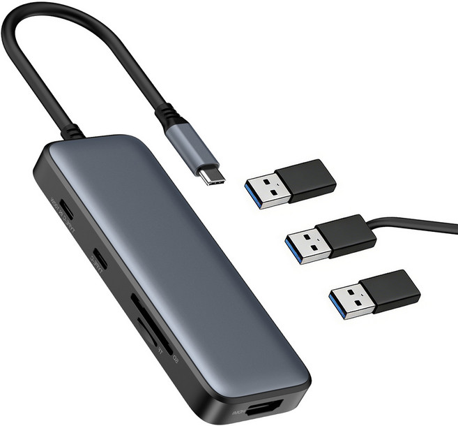 USB C타입 멀티허브 8in1 도킹스테이션 PD100W 충전 4K HDMI SD TF 카드 리더 맥북 노트북 확장 허브, 은흑색, 1개