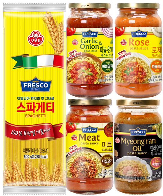 오뚜기 프레스코 파스타소스 4개(마늘양파+미트+로제+명란오일)+스파게티면 500g 1개, 2.68kg, 1세트