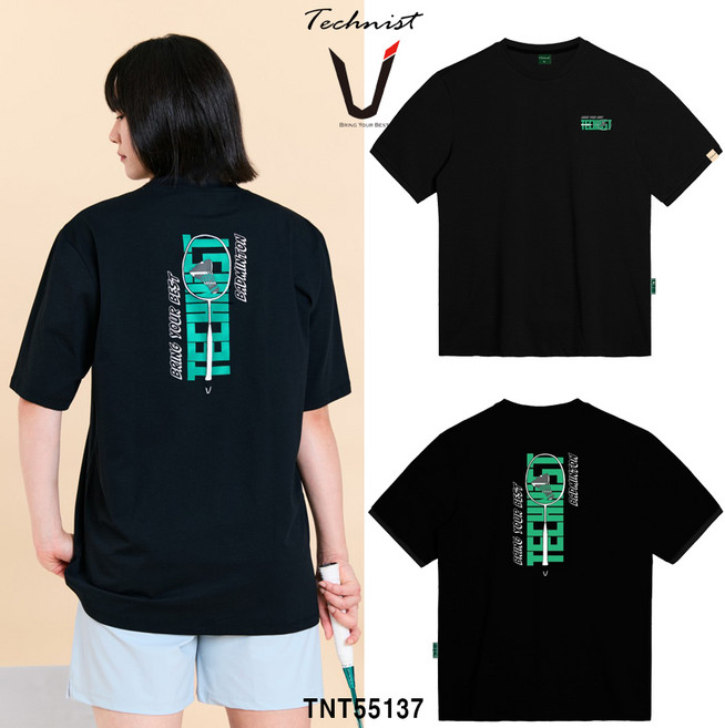 테크니스트 티셔츠 배드민턴 반팔 상의 코튼라이크 오버핏 블랙 TNT55137 남녀공용