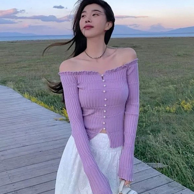 一字領針織緊身顯瘦露肩短版上衣