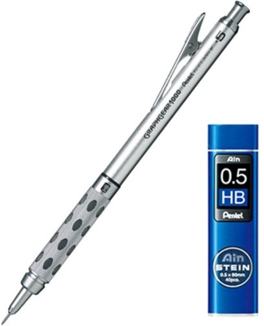 펜텔 그래프 기어 샤프 1000 실버 PG1015 + 아인슈타인 샤프심 HB 세트, 0.5mm, 1개