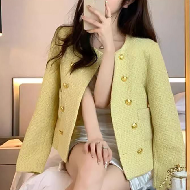 VIGIK 여성 봄 가을 루즈핏 라운드 더블버튼 트위드 자켓 오피스룩 하객룩