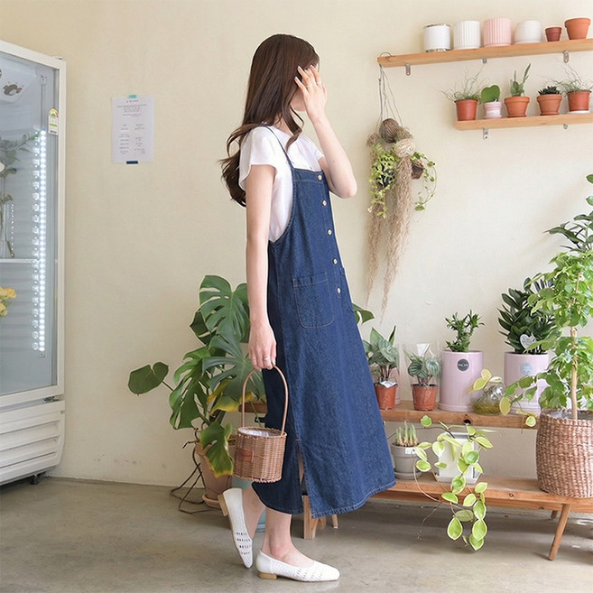 데일리앤 루피드 레이어드 청 멜빵 뷔스티에 데님 롱 원피스