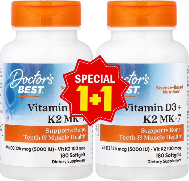 1+1 닥터스베스트 비타민D3 + K2 MK-7 5000IU 소프트젤 180정 콜레칼시페놀 메나퀴논-7 함유 / 해외직구 미국정품, 2개