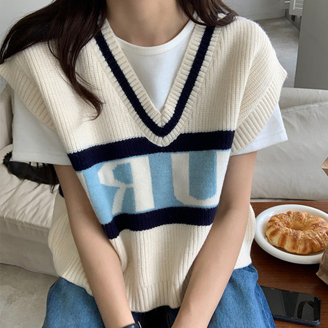 루비루 RB3115 루즈핏 캐주얼 레터링 브이넥 니트 조끼 베스트