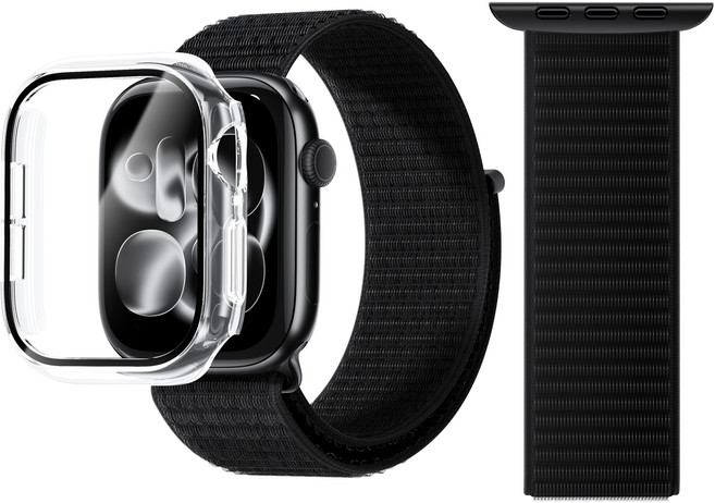 AITEWO 애플워치 호환 나일론 벨크로핏 스트랩 밴드 일체형 액정보호 케이스 세트, 1개, 블랙